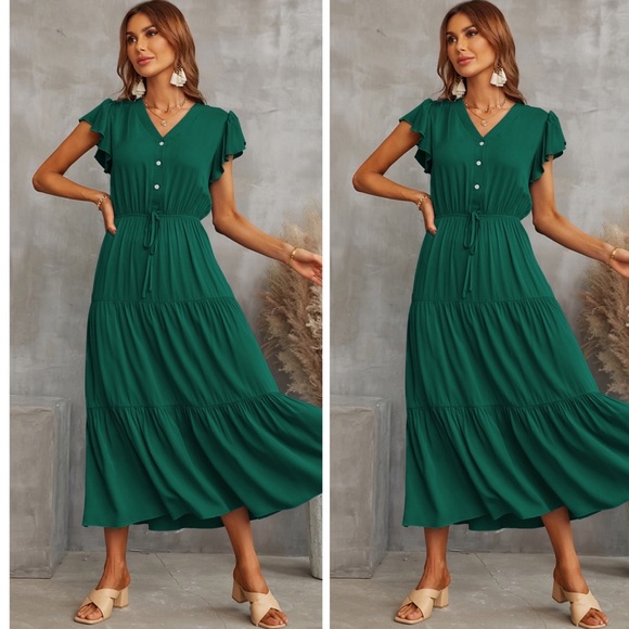 Green Drawstring Flutter Sleeve Tiered Midi Dress - Picture 2 of 3